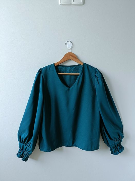 Bluzka damska szerokie balonowe rękawy elegancka do pracy v neck M L