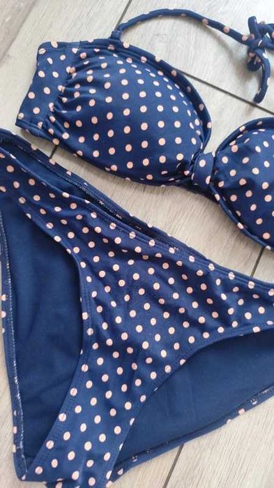 Strój kąpielowy groszki granatowy różowy h&M 36 S