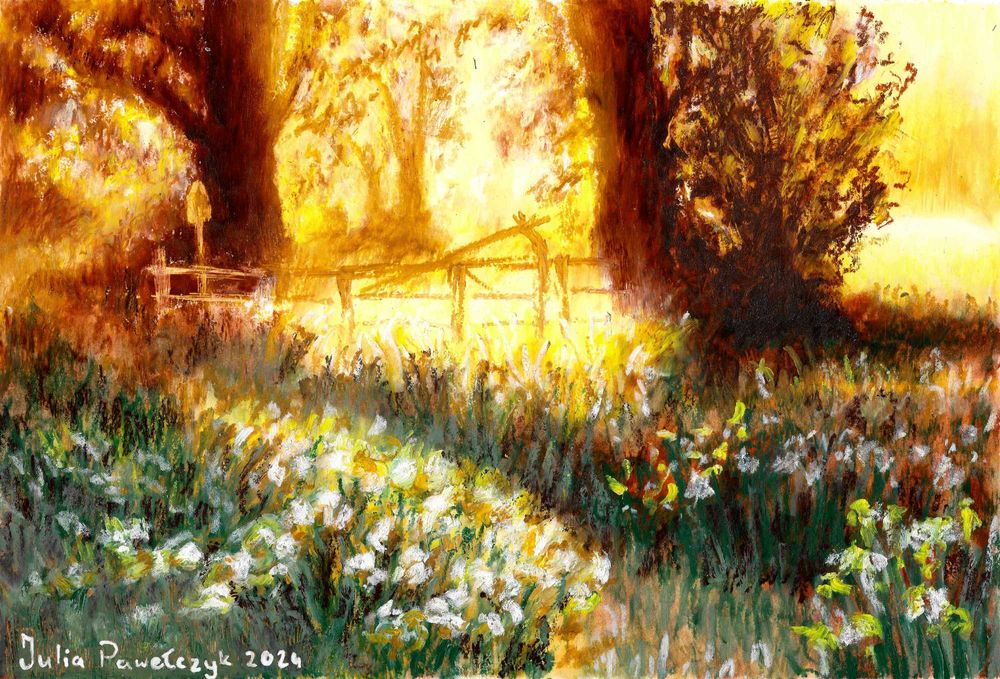 Oryginalny obraz w ramie wschód słońca nad łąką pejzaż leśny