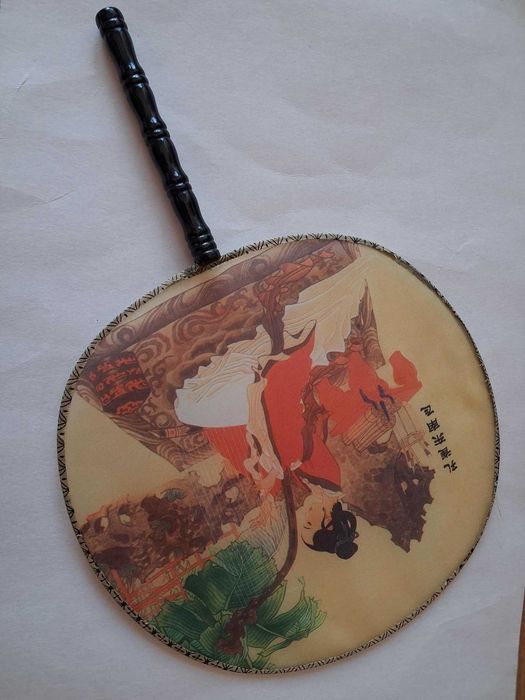 wachlarz japoński- Uchiwa- gejsza harfiarka vimtage