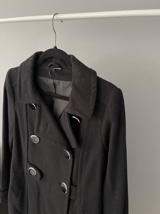 Czarny wełniany płaszcz wełna dwurzędowy h&m divided 34 vintage