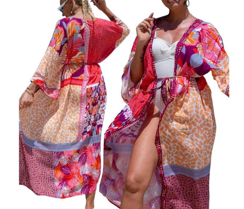 Pareo plażowe narzutka kolorowa tunika z paskiem maxi