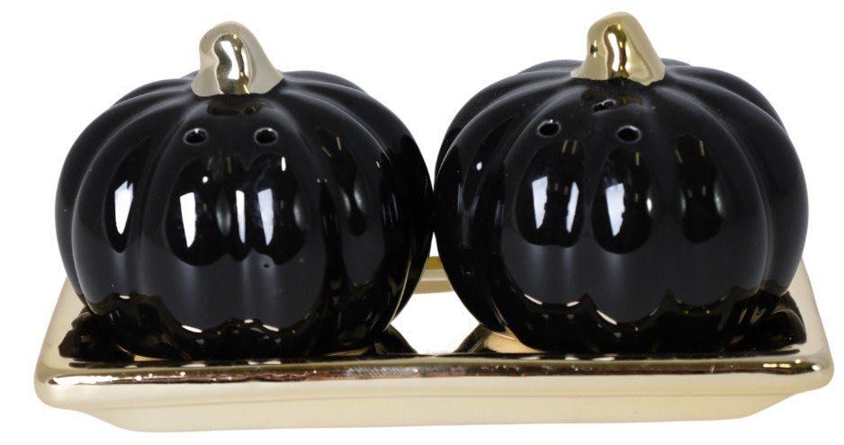 Zestaw solniczka/pieprzniczka dynia czarna podstawce, ceramiczna