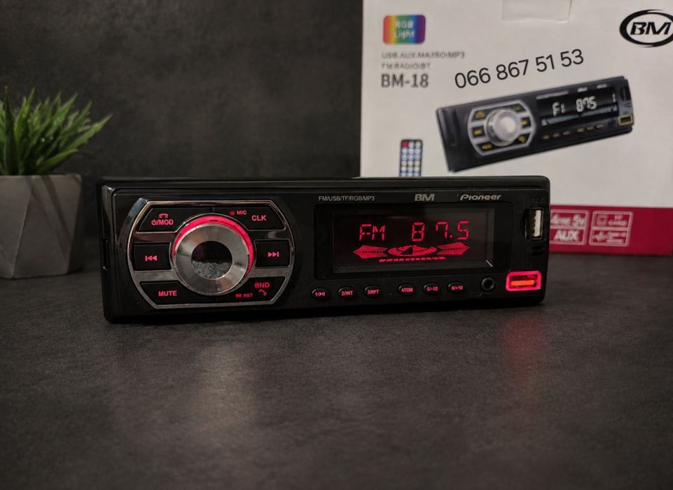 Блютуз магнітола Pioneer BM-18 ,змінна підсвітка, USB,AUX,автомагнітола