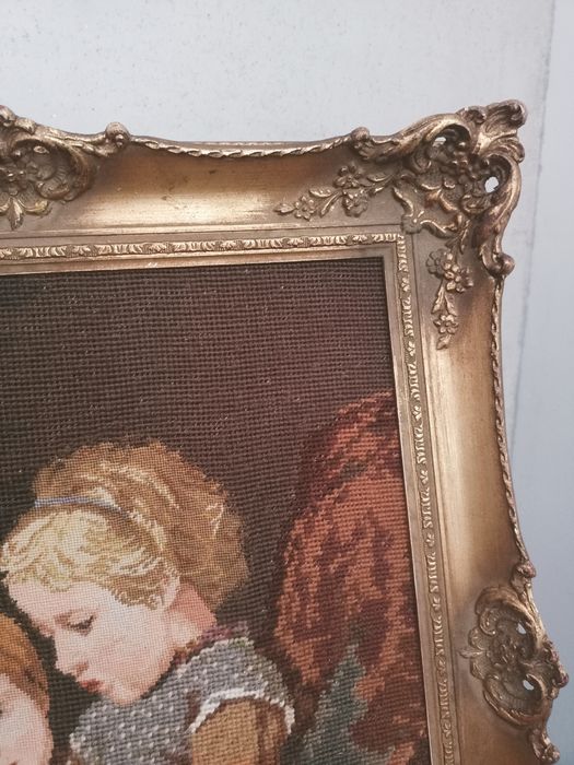 Obraz haftowany, wg. obrazu A. Ankera , stara rama, gobelin