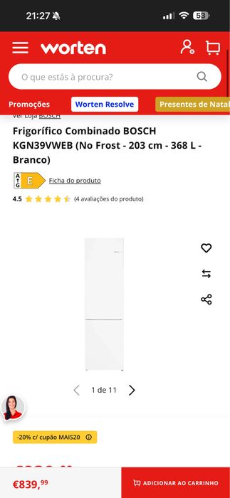 Frigorífico Combinado BOSCH KGN39VWEB (No Frost - 203 cm - 368 L