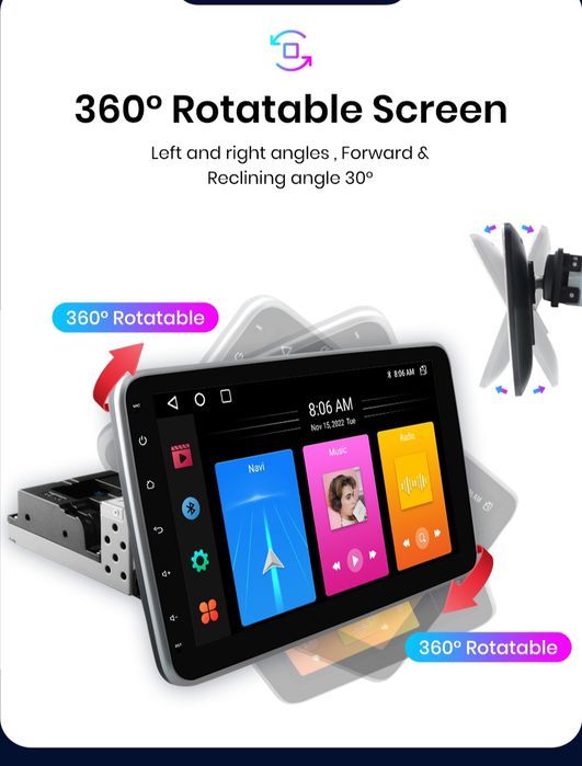 Rádio Android CarPlay Universal Ecrã Rotativo 10" 4/64GB WiFi GPS BT