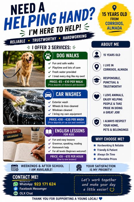 Passeio de Cães | Lavagem de Carros | Aulas de Inglês - Corroios