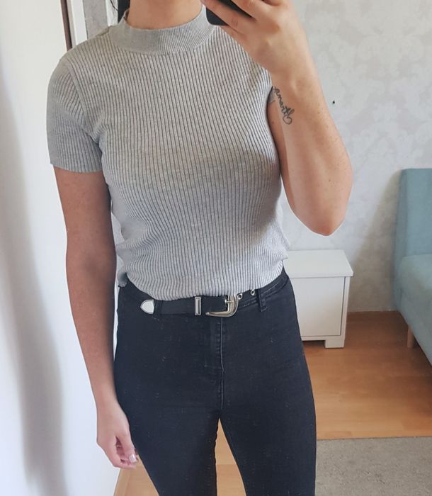 Bluzka prążkowana golf swetrowa krótki rękaw szara bershka S 36 M 38