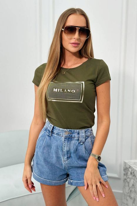 Bluzka, tshirt Milano z cyrkoniami khaki