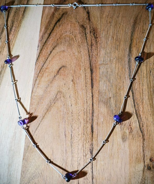 Cudny Srebrny Naszyjnik z naturalnymi Ametystami Dł 76cm Patyczak