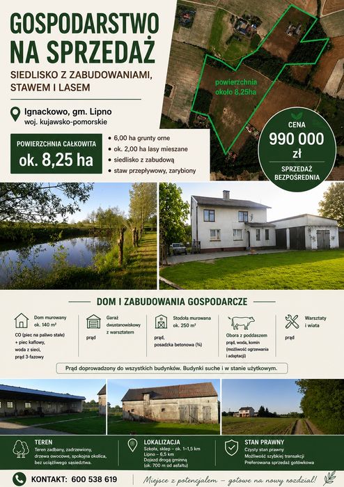 Gospodarstwo rolne 8,25 ha siedlisko, staw. las.