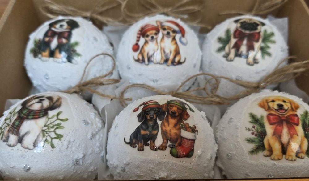 Bombki choinkowe śnieżki 80mm 8cm 6szt psy pieski vintagerękodzieło