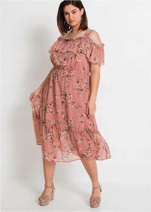 B.P.C midi sukienka odkryte ramiona szyfonowa 38.