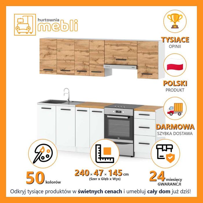 Kuchnia Z Blatem Mokka 2.4m Nowoczesny Zestaw Z Uchwytami Modułowy