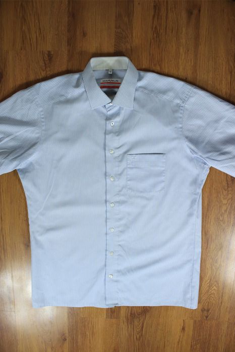 Koszula Marvelis r. 43 slim fit niebiesko-biała paski bawełna krótki rękaw