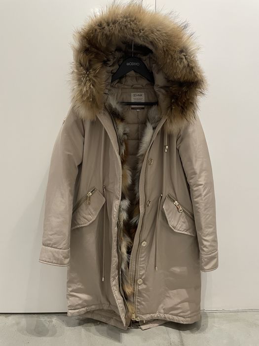 Parka plaszcz z kapturem puchowa beżowa lis jenot Ochnik XS/34 s/36