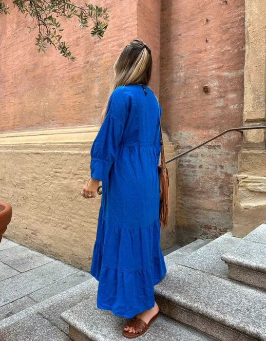 Zara kobaltowa dluga maxi boho sukienka len wiskoza
