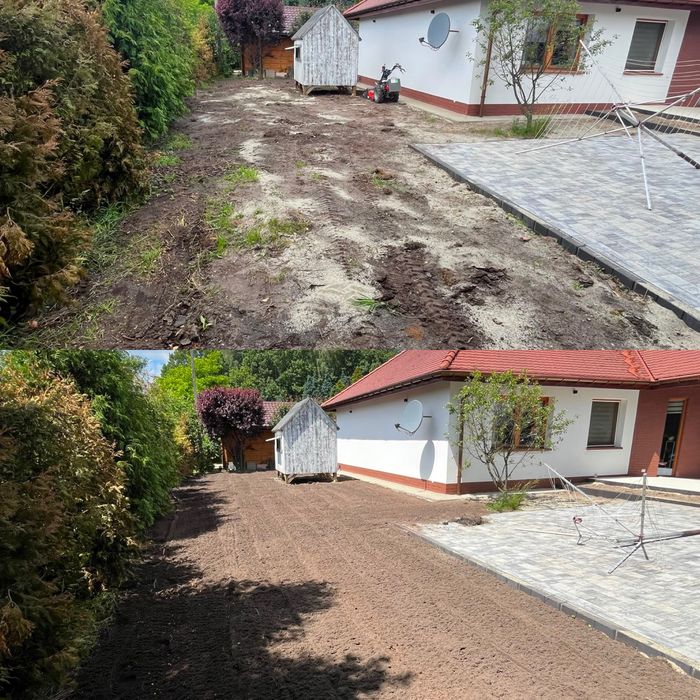 Pielęgnacja ogrodów, glebogryzarka separacyjna, koszenie trawy, przycinanie tui.