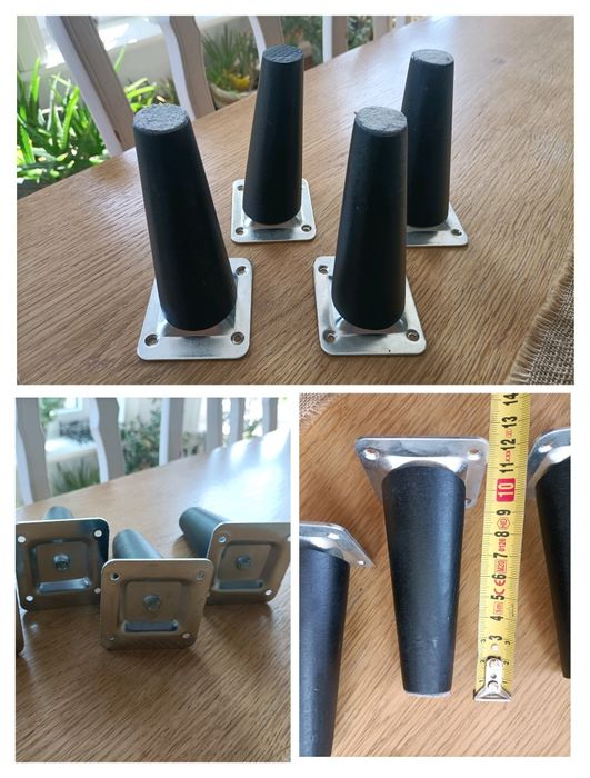 4 Nóżki drewniane 10 cm, nogi skośne buk czarne zestaw z blachą i wkrę