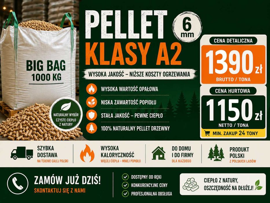 PELLET Klasy A2 - Luz / Worki Big Bag - Duże Ilości - Wysoka jakość / Niska Cena / 6mm