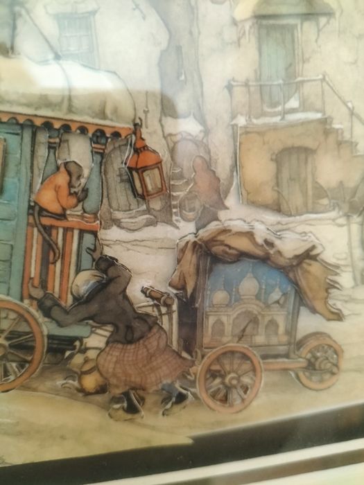 Vintage obraz 3D Anton Pieck Wóz na oblodzonym moście
