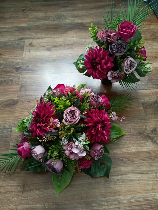 Zestaw komplet stroik na grób kompozycja nagrobna Dalia róża sztuczne