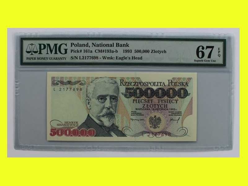 Henryk Sienkiewicz 500000 zł 1993 banknot grading PMG 67 seria L