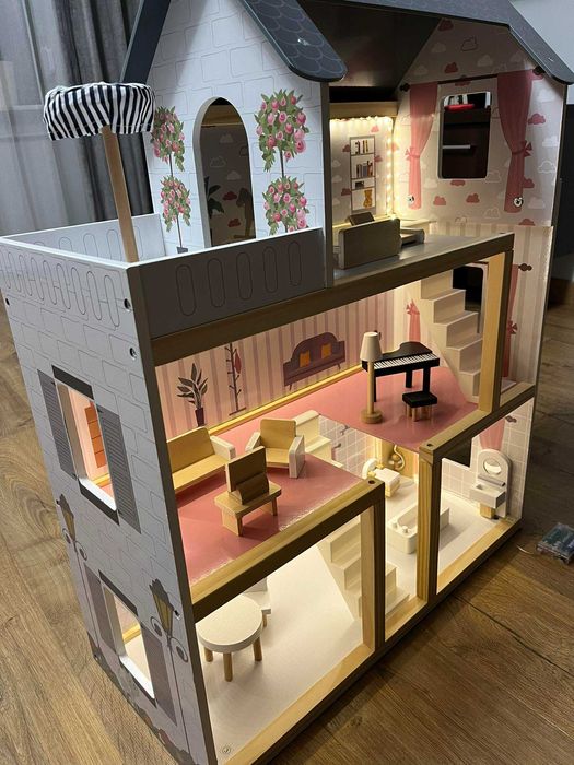 NOWY DUŻY Domek dla lalek drewniany + mebelki 78cm oświetlenie LED
