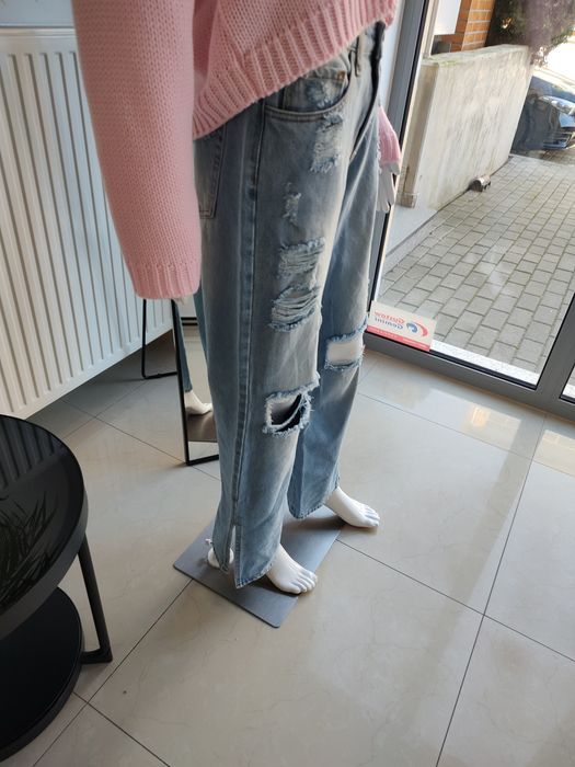 Jeansy Wide Leg z przetarciami - niebieski S
