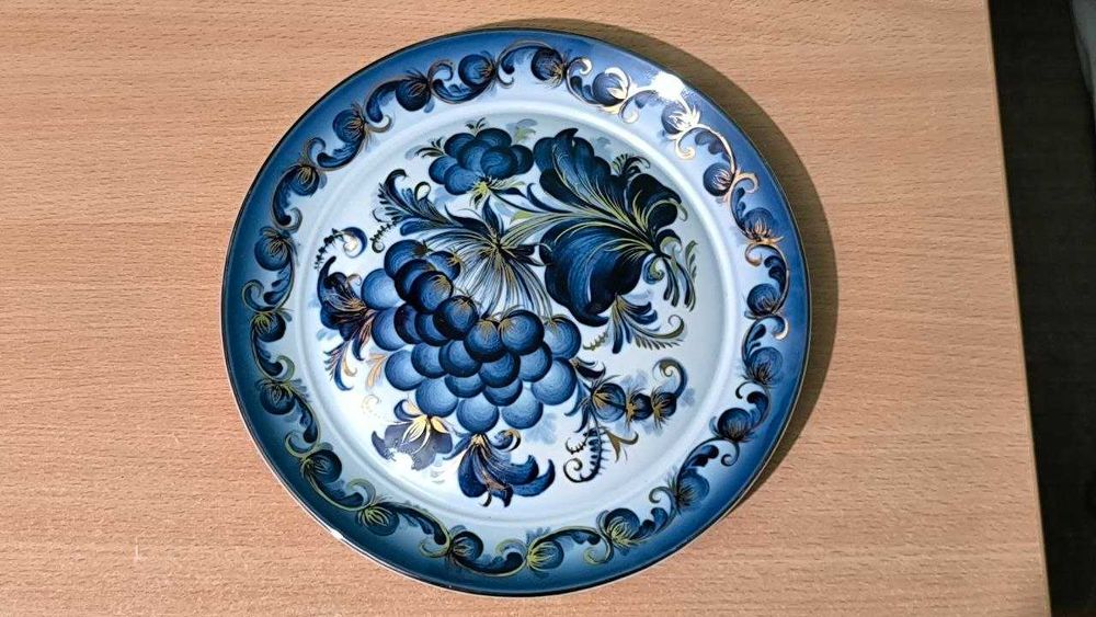 Редкая экспортная колекційна настінна тарілка Коростень Україна СССР фарфор кобальт позолота виноград ручний розпис