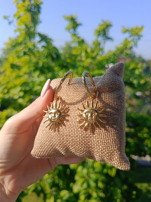 Kolczyki koła z zawieszką słońca. Boho, mistyczne etniczne
