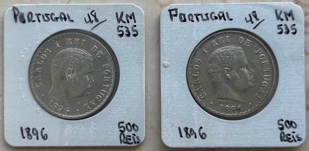Lote de 2 x Moedas 500 Reis Portugal 1896 Carlos I de Prata