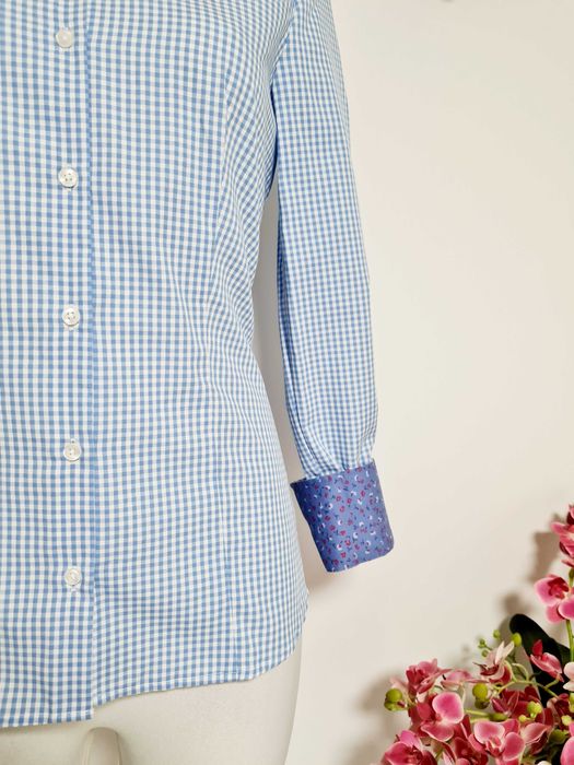 397. Elegancka koszula damska z kołnierzykiem w kratkę S 36