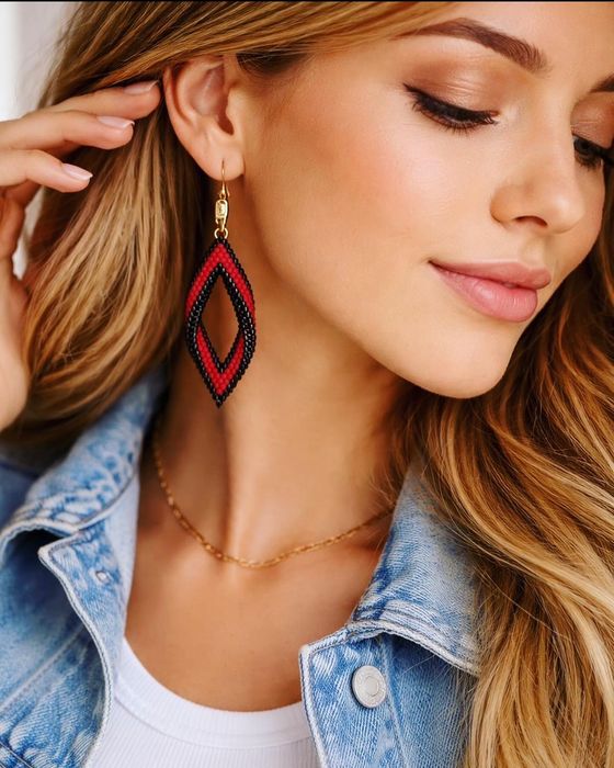 Kolczyki hand made koralik etno ręcznie robione czerwone czarne