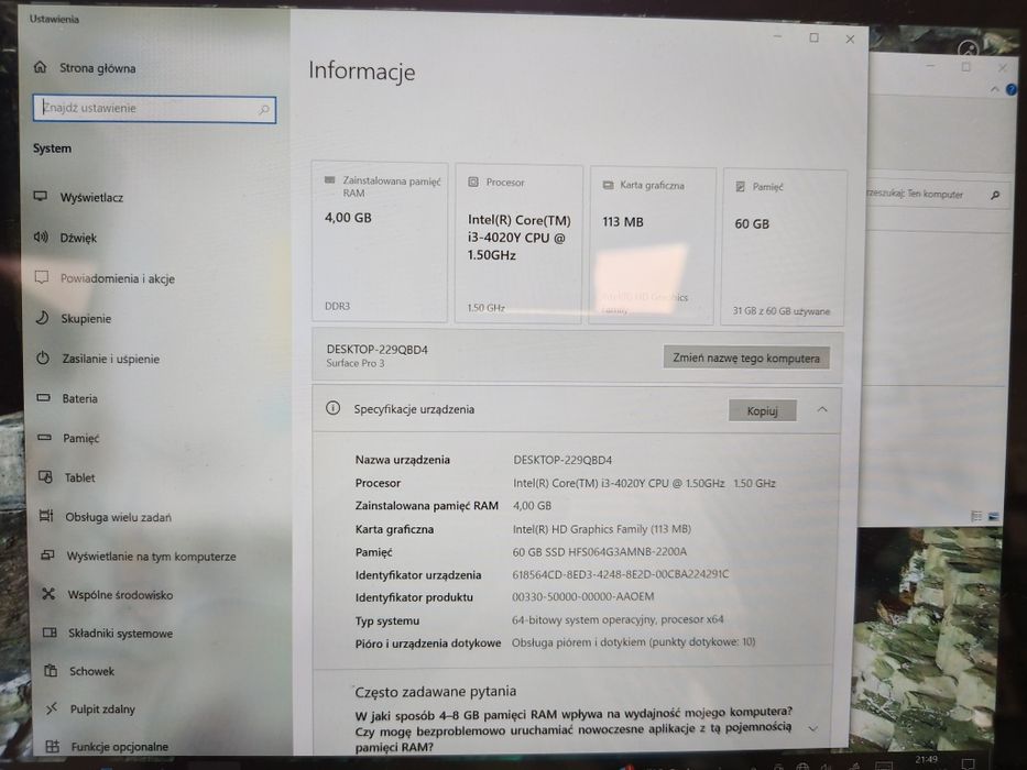 Microsoft Surface Pro 3 i3 4gen 64GB 4GB Win 10