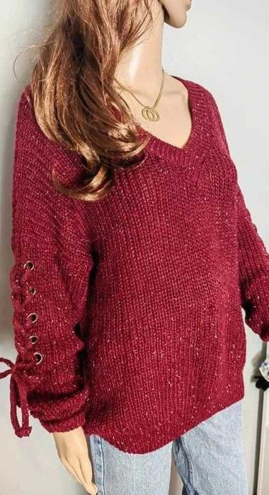 Sweter bordowy bordo burgundowy 4XL 48 dekolt serek basic plus size