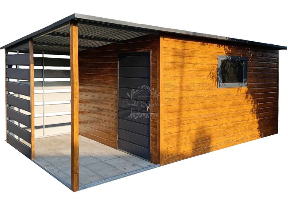 domek ogrodowy 3,5x3m + wiata 2m okno drewnopodobny antracyt  ID756