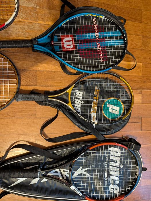 Lote de 12 raquetes de ténis (Head, Wilson, Babolat, Prince), adulto, júnior e criança
