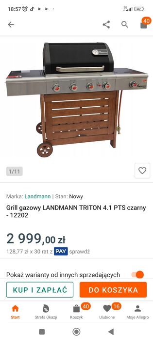 Nowy GRILL Gazowy 15kw LANDMANN TRITON-(12202] + duży pokrowiec drewno