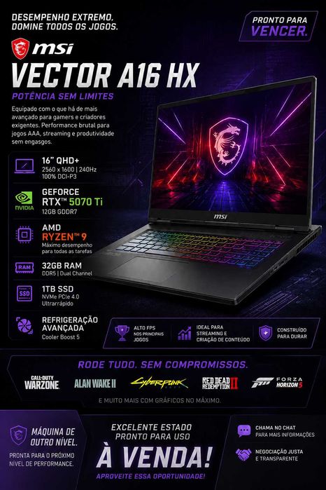 Vendo MSI Vector A16 HX 16" com garantia de 2 anos