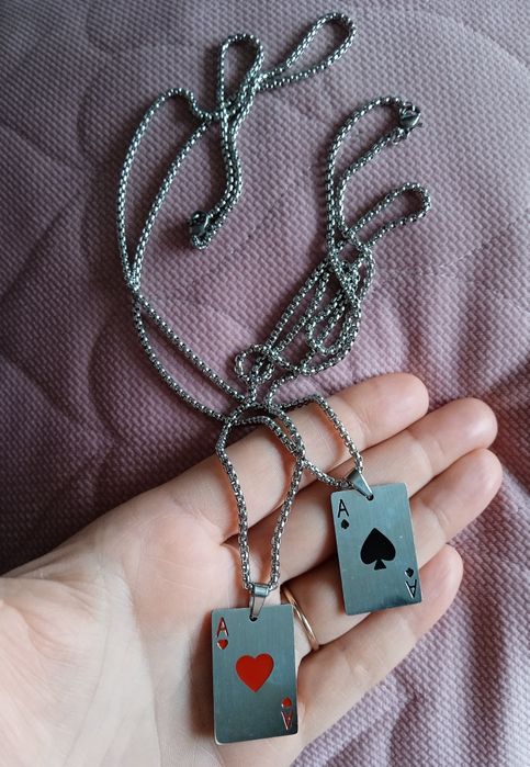 2 sztuki długi stalowy naszyjnik karta as pik i kier
