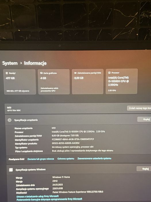 MSI GF75 Thin 10SC – i5-10500H / GTX 1650 (zamienie za komputer)