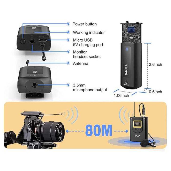 Беспроводной петличный UHF микрофон с ЖК, 1 передатчик и 1 приемник, ,
