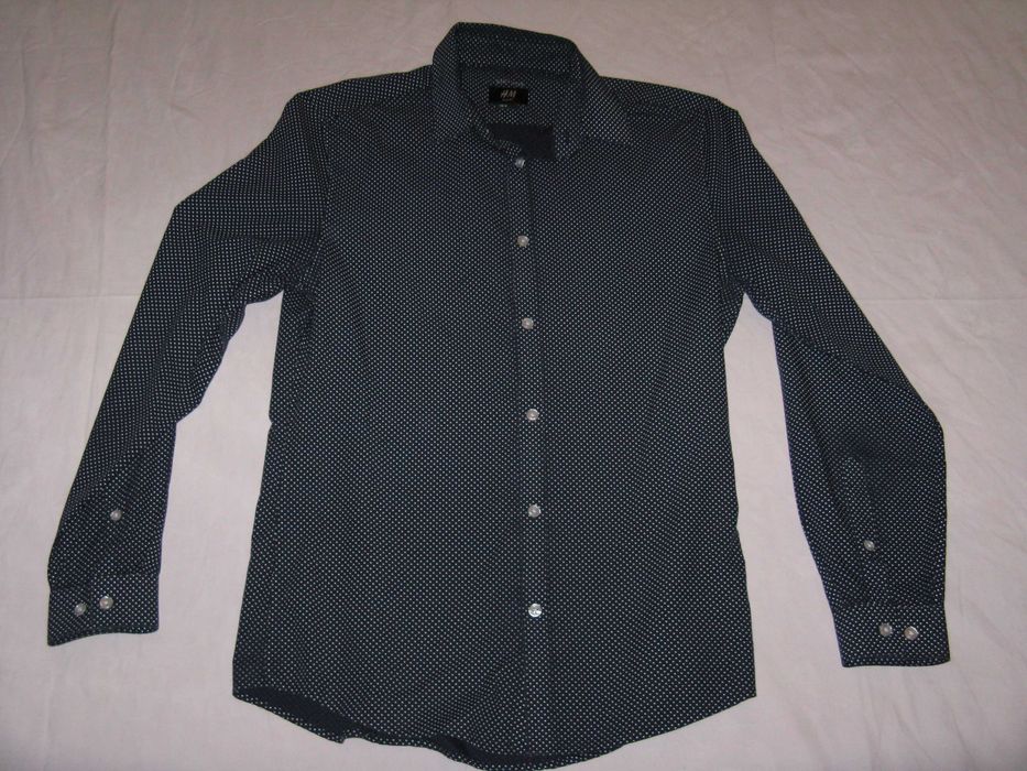 koszula H&M granatowa kropki easy iron łatwa do prasowania slim M S mała długi rękaw klata 106cm