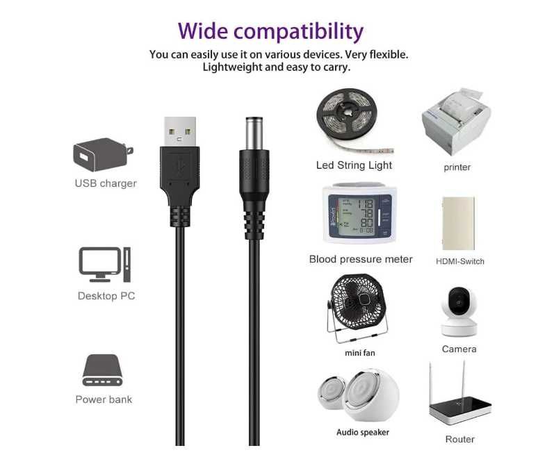 LIANSUM Wtyczka USB do DC 5,5 x 2,1 mm, długość: 5 stóp (1,5 metra)