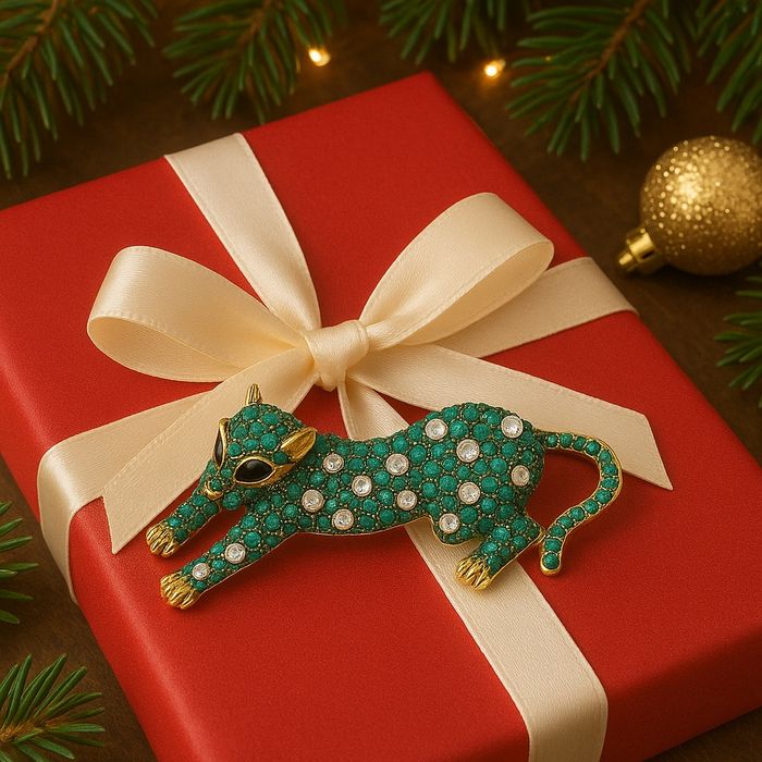 Luksusowa broszka GLAM – Lampart w odcieniach zieleni i złota