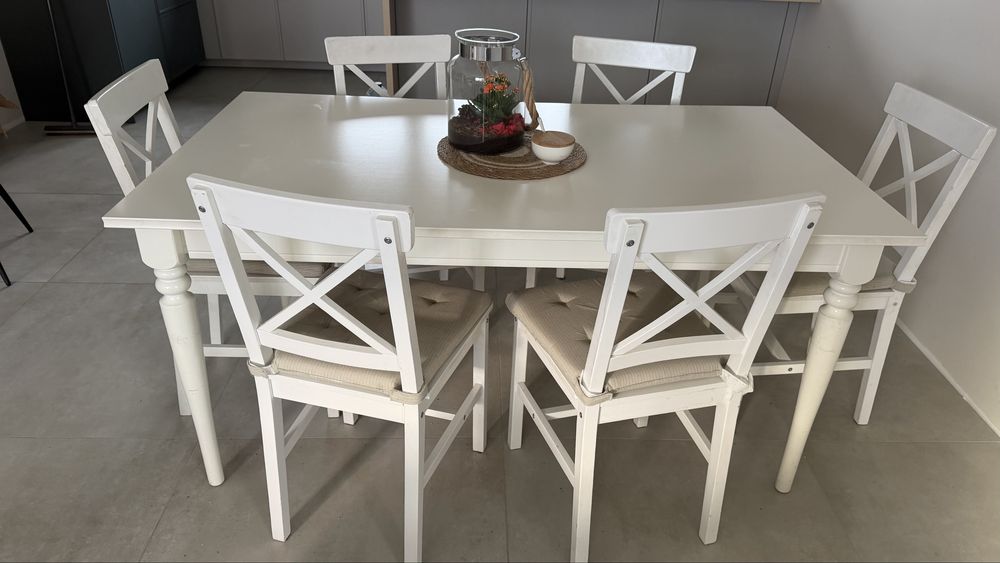 STÓŁ IKEA + 6 KRZESEL JYSK. Ikea Rosentorp 155x87cm rozkladany do 215cm
