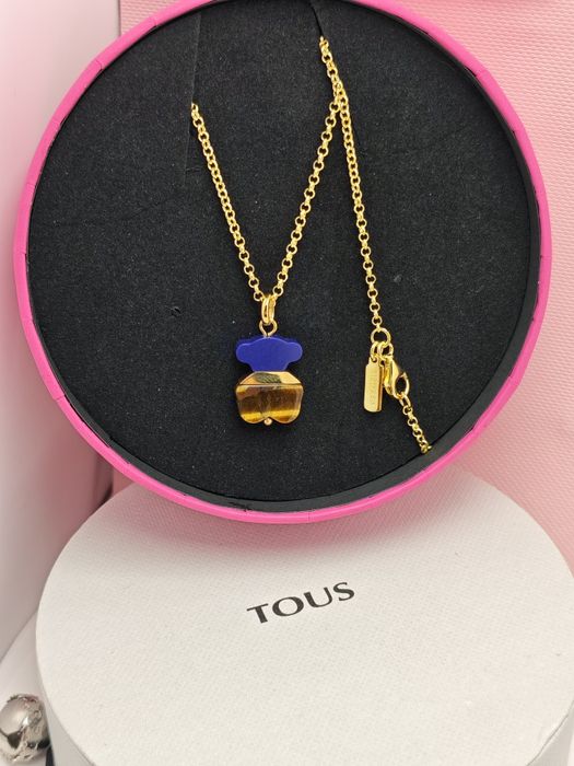 Naszyjnik z misiem żółte srebro vermeil 925 z tygrysim okiem