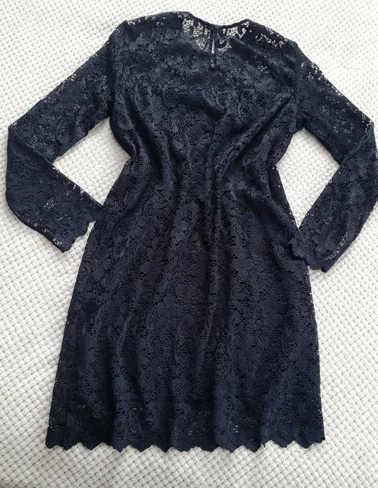 Nowa cudowna granatowa trapezowa sukienka koronkowa długi rękaw r.38 M